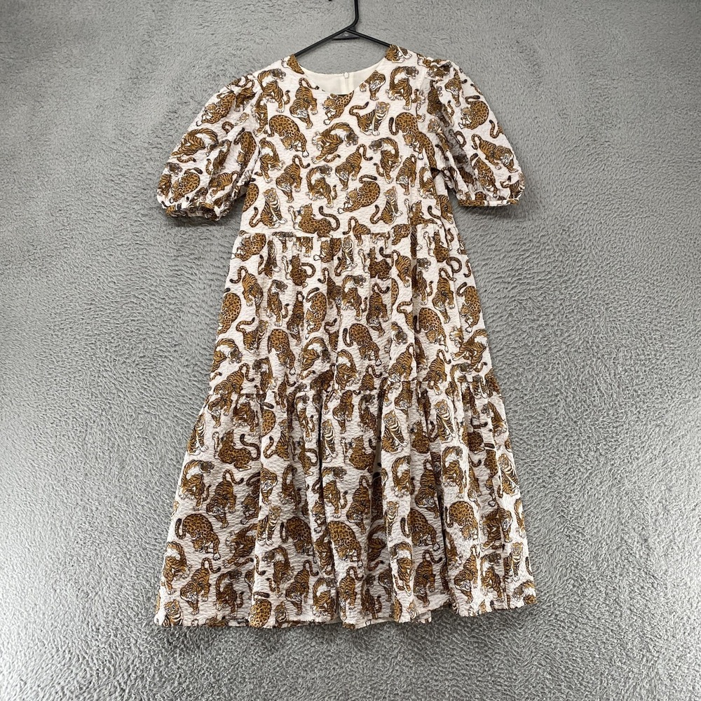 Kenzo Kids Dress Girls 14-15 White Tiger Leopard Tiger Puff Sleeve Ruffle Tiered